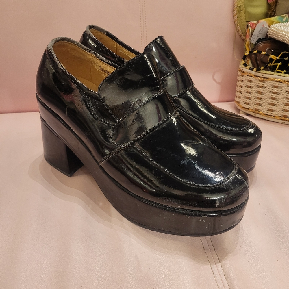 Vintage Caboots Black Platform Loafers Chunky 90s Y2K Mod Heels Fits 10